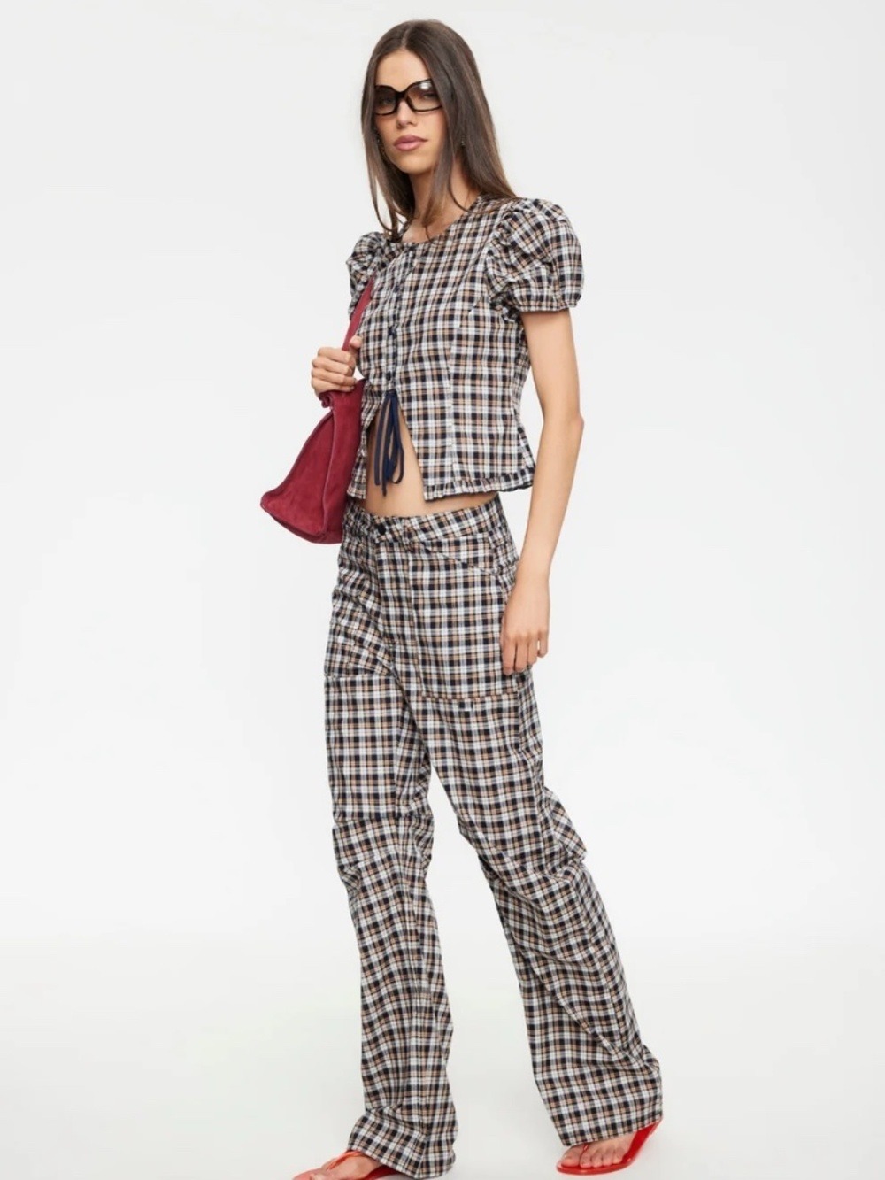 NEW LIONESS BARDOT TOP Beige and Tan Plaid Puff Sleeve Button and Tie Detail  XS - Picture 2 of 9